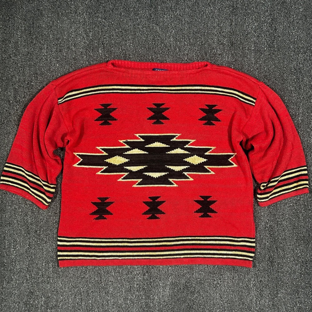 Chaps Sweater Womens XL Red Southwestern Geometric Linen Cotton Knit 3/4 Sleeve